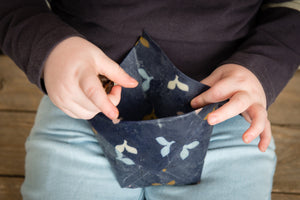 A CHILD HOLDING A BLUE BEESWAX WRAP FOLDED INTO A POCKET FILLED WITH SULTANAS